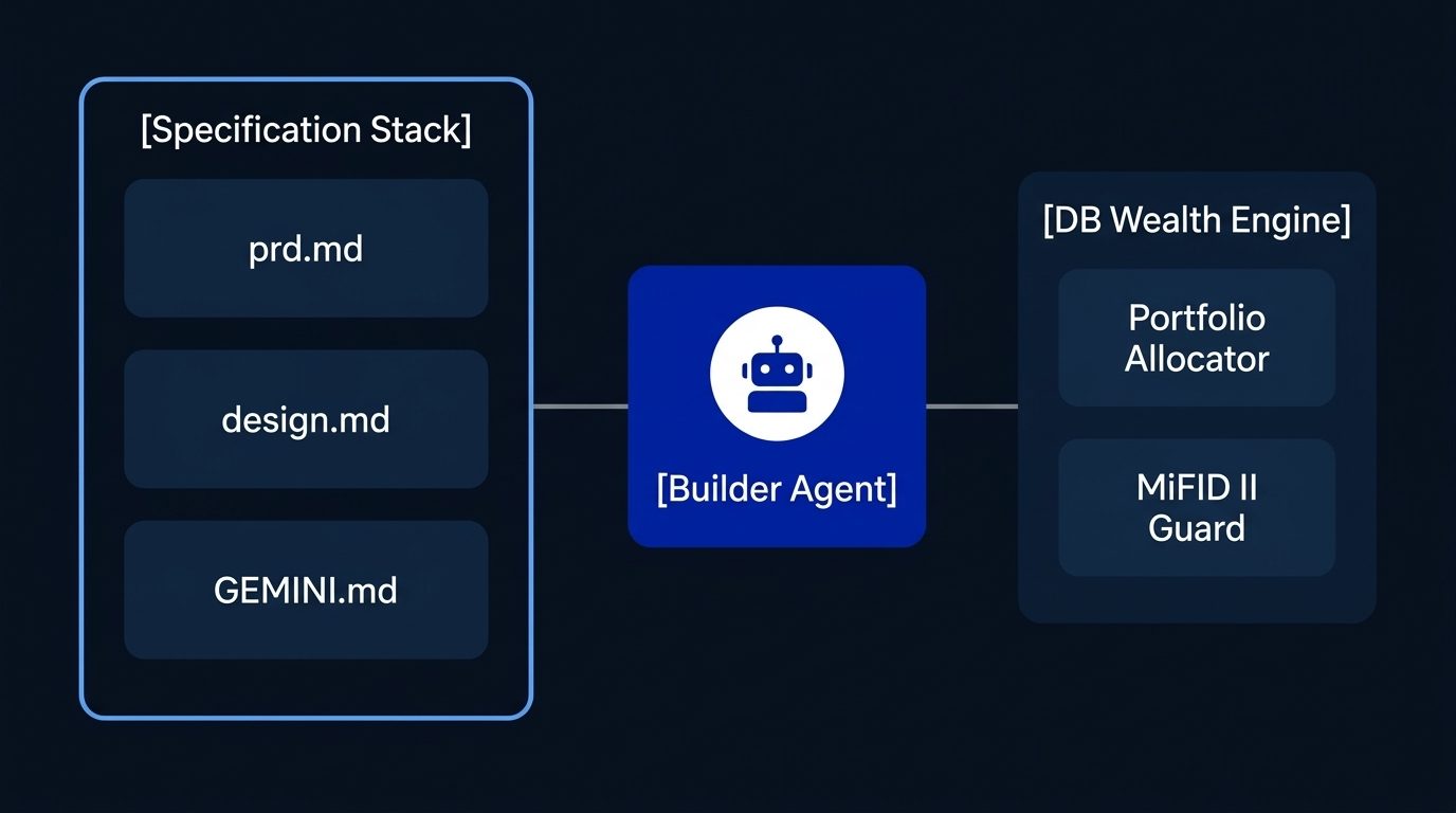 Specification stack as single source of truth: prd.md (intent), design.md (architecture) and GEMINI.md (agent rules) feed a single spec layer, from which generated code, tests and documentation are emitted as downstream artefacts.